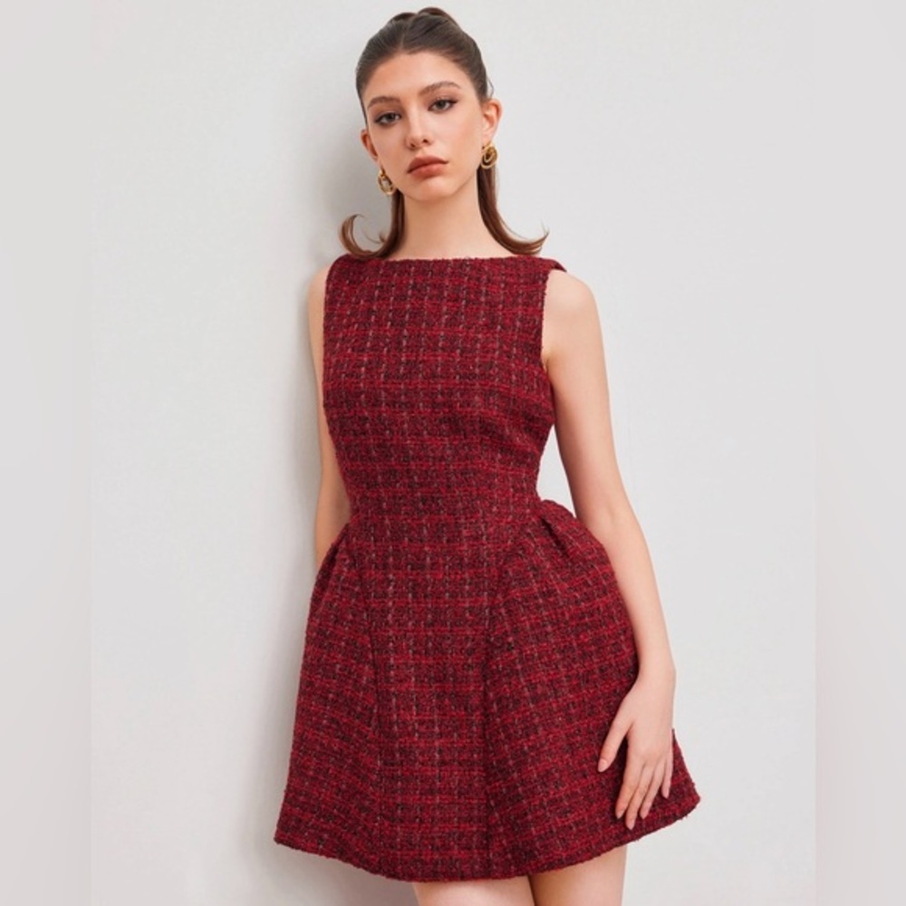 Cider TWEED BOAT NECK ZIPPER RUFFLE MINI DRESS L pg7-17